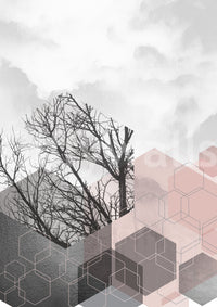 Blush Forest Wall Mural with minimalist tree artwork and soft gray depth