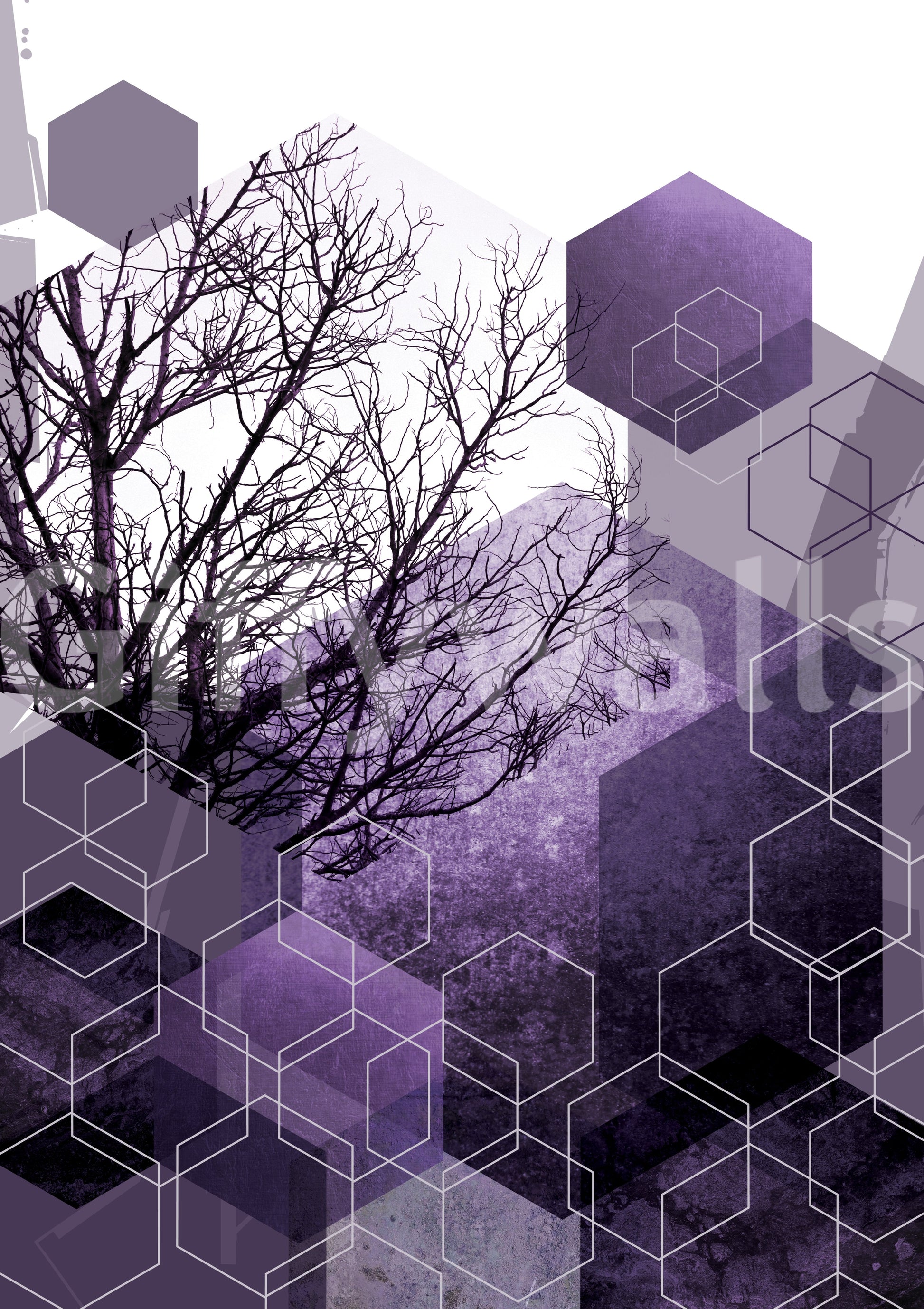 Moody purple gradient meets graphic tree forms in the Shadowed Geometry wall mural.