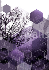 Moody purple gradient meets graphic tree forms in the Shadowed Geometry wall mural.