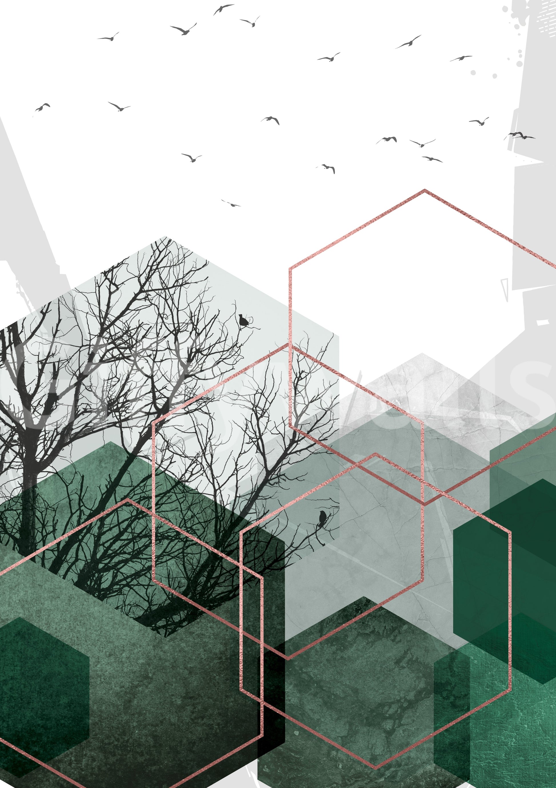 Silhouette trees reading through stacked hexagon shapes on the wall mural