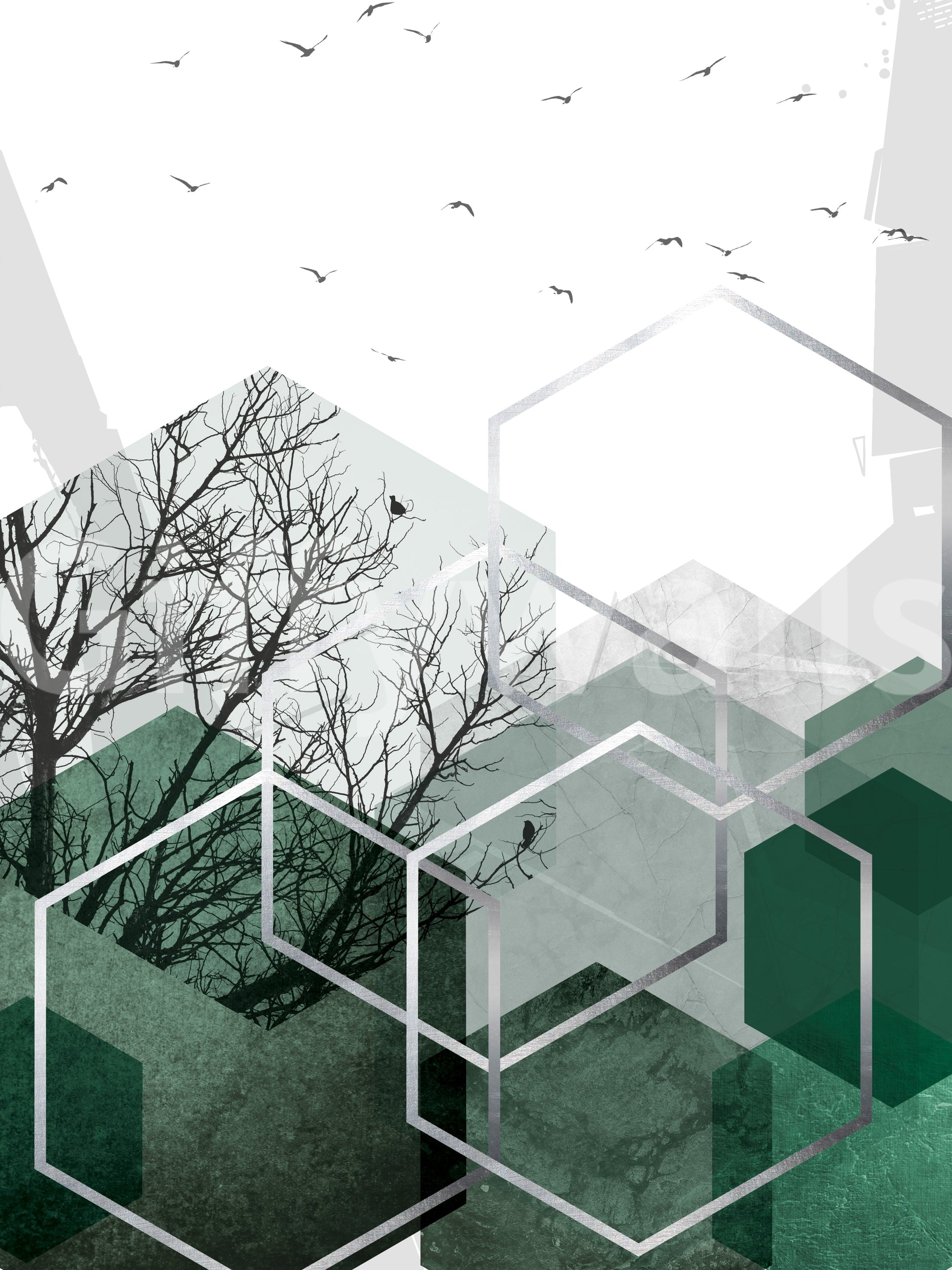 Muted grey textures sit behind the canopy and birds wall mural composition