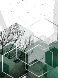 Muted grey textures sit behind the canopy and birds wall mural composition