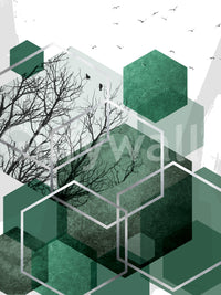 Layered forest-green hexagons form the core of this geometric wall mural