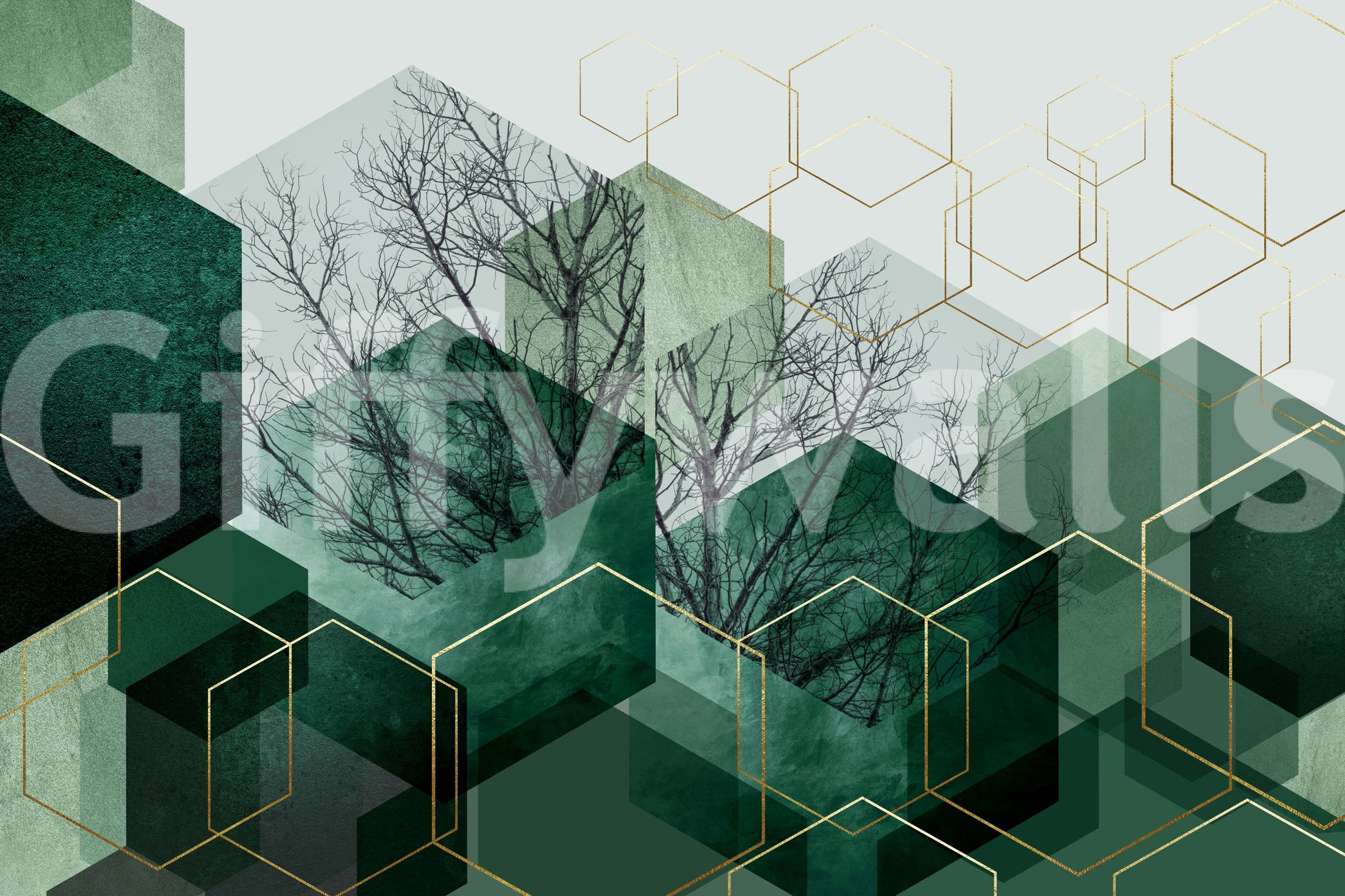 Charcoal branches reach upward between teal blocks in this geometric wall mural