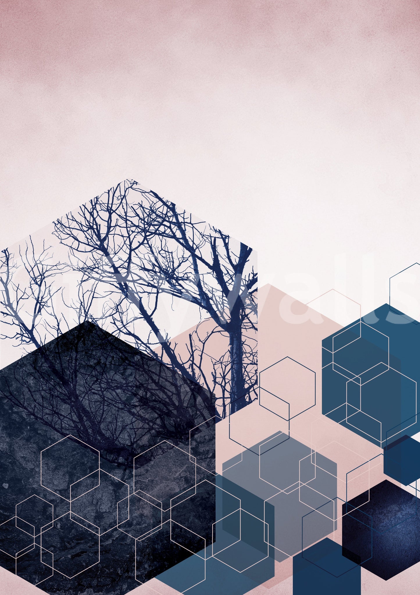 Faceted geometry pairs with organic branches throughout the Geometric Grove wall mural.
