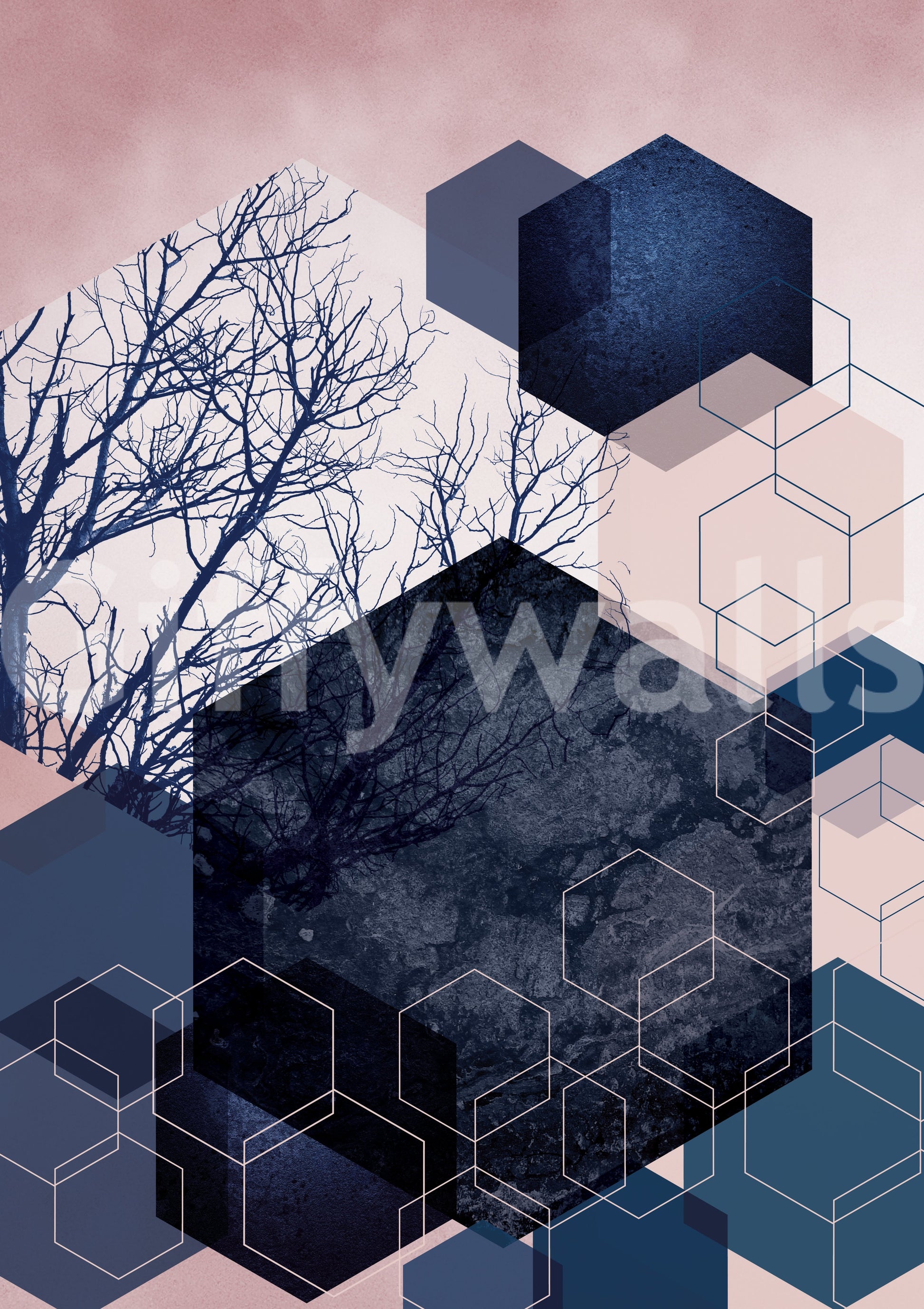 Matte finish detail showing dusty pink gradient on the hexagon wall mural