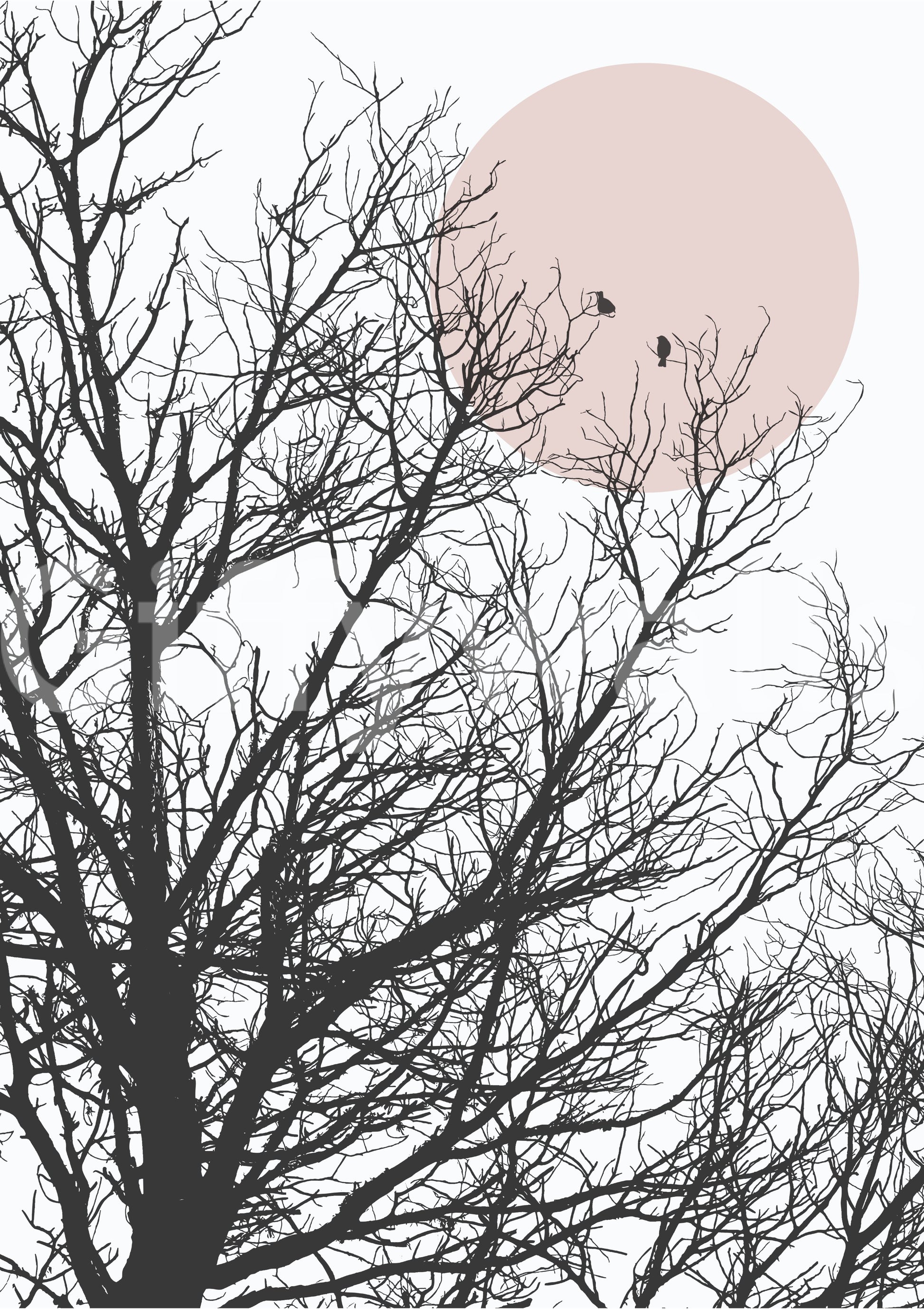 Minimal three-tone palette shapes the mood of this branch and bird wall mural