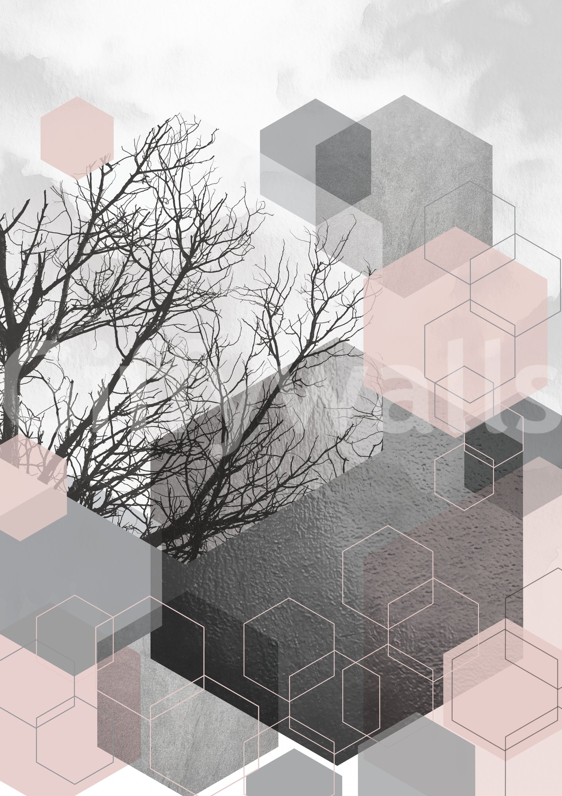 Bare branches climb through hexagon shapes within the Serenity wall mural