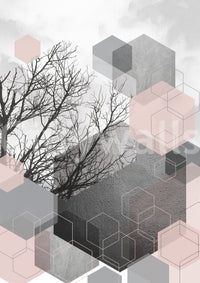 Bare branches climb through hexagon shapes within the Serenity wall mural