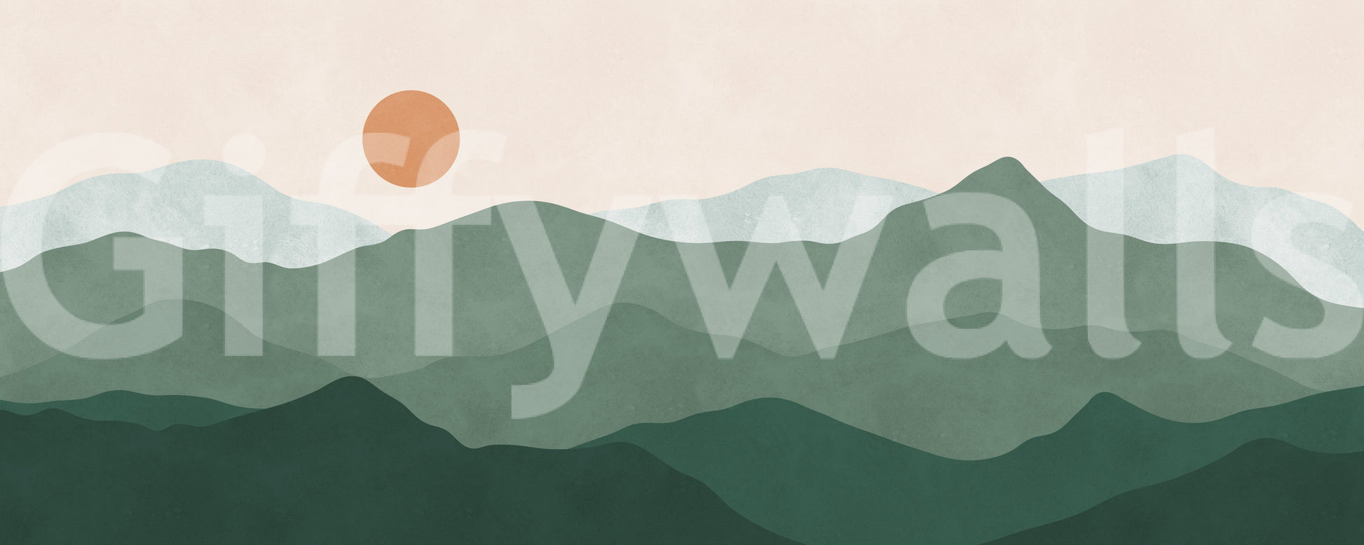 Minimalist boho mountain scene shown on the Green Peak Sunset wall mural