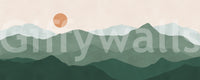 Minimalist boho mountain scene shown on the Green Peak Sunset wall mural