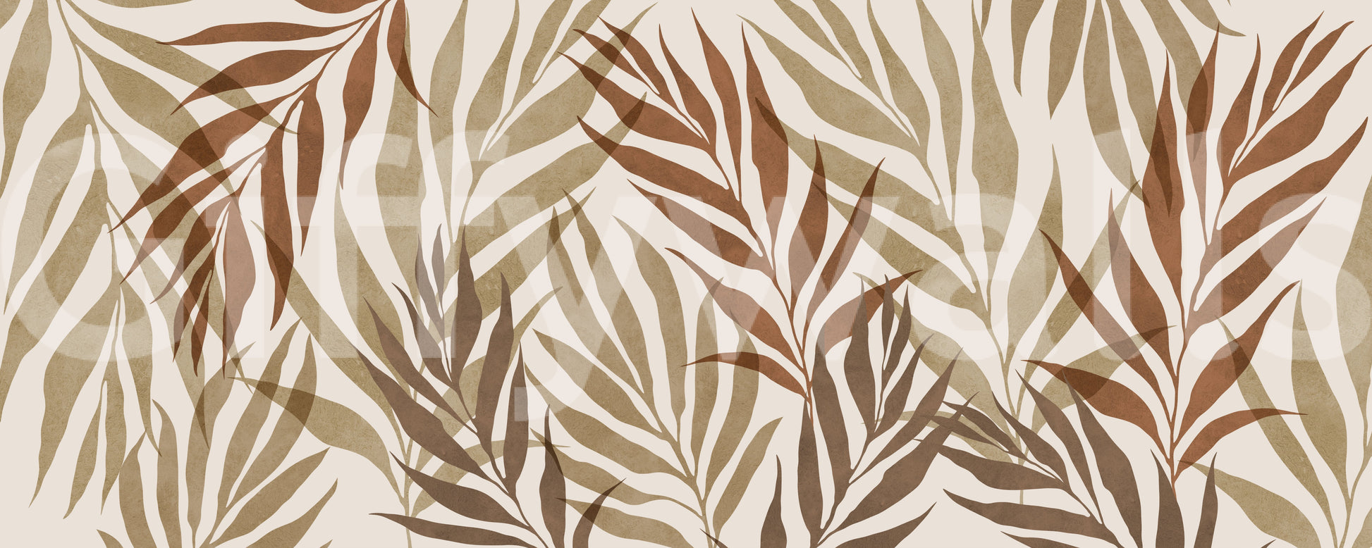Neutral leaf wall mural showing soft botanical layers and warm brown tones