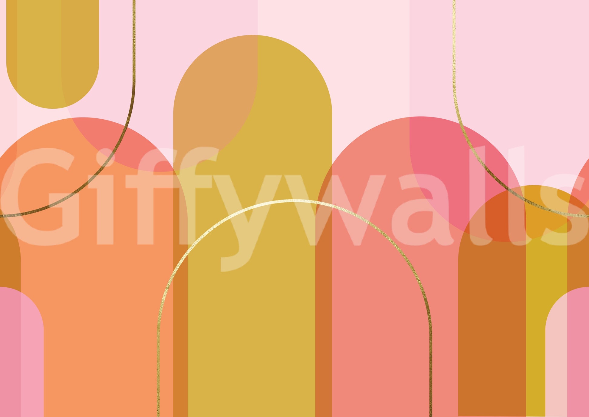 Modern geometry mural featuring pink colour blocks and golden arcs