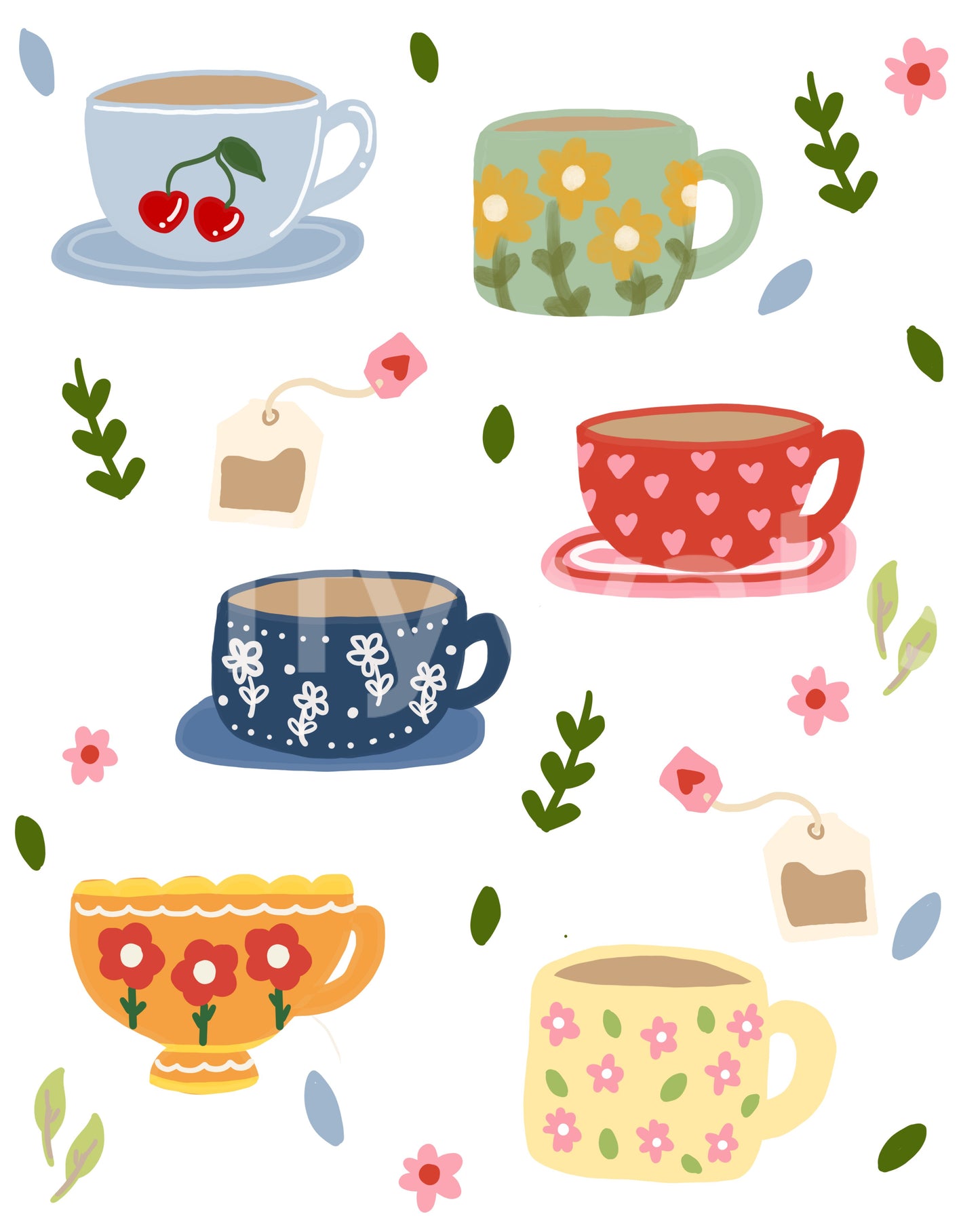 Teatime artwork with colorful cups and soft hand-drawn botanical accents