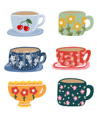 Cute teacup wall mural with soft blue, green, yellow, and red accents