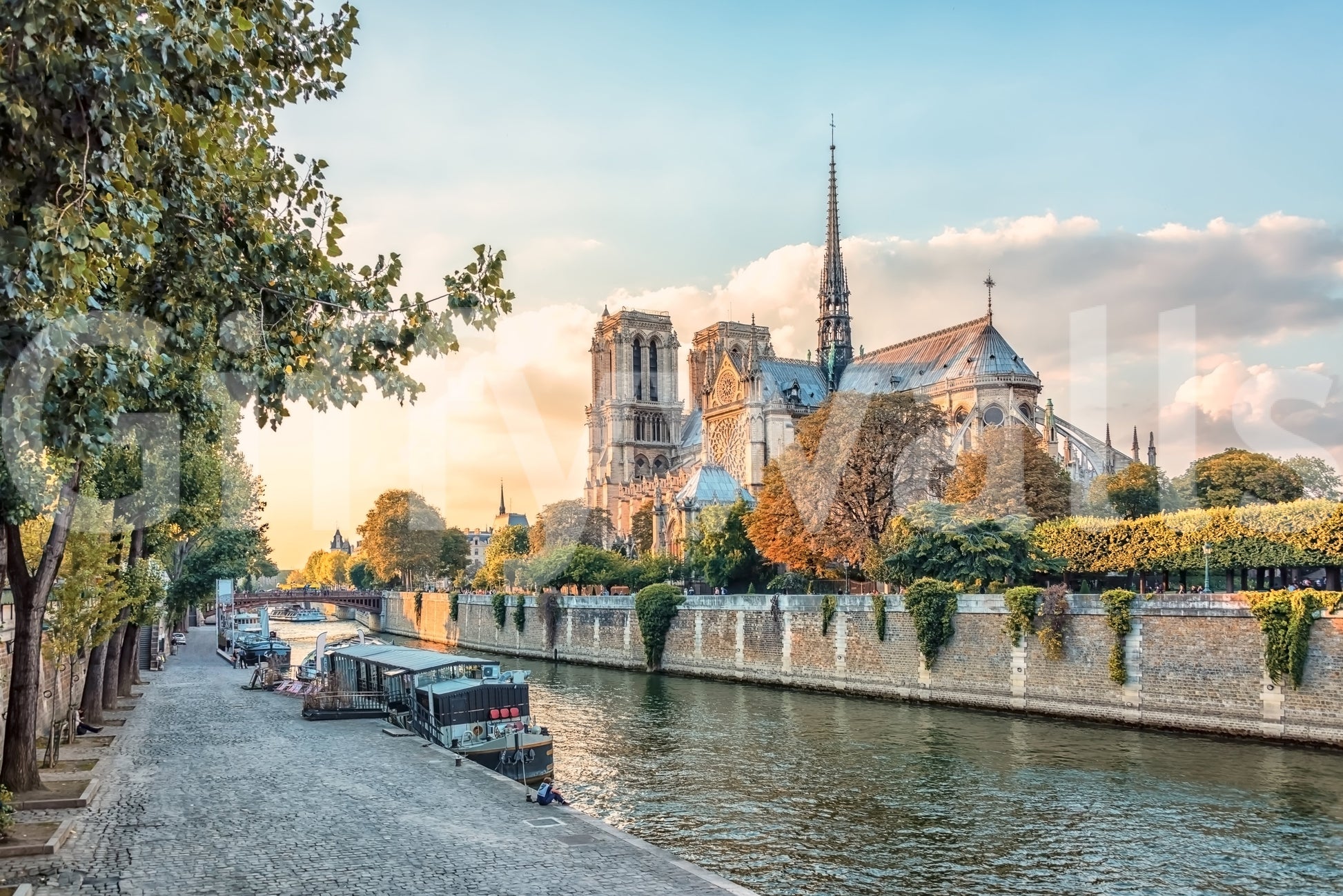 Paris sunset mural showing river reflections, city detail, and warm sky