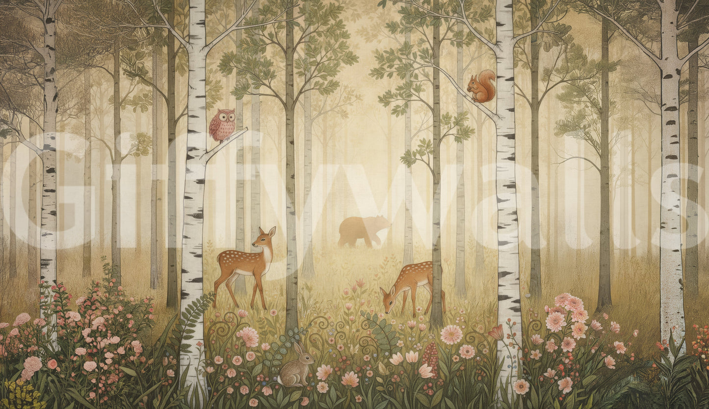 Animaux de la forêt et fleurs sauvages – Fresque murale Soleil chaud