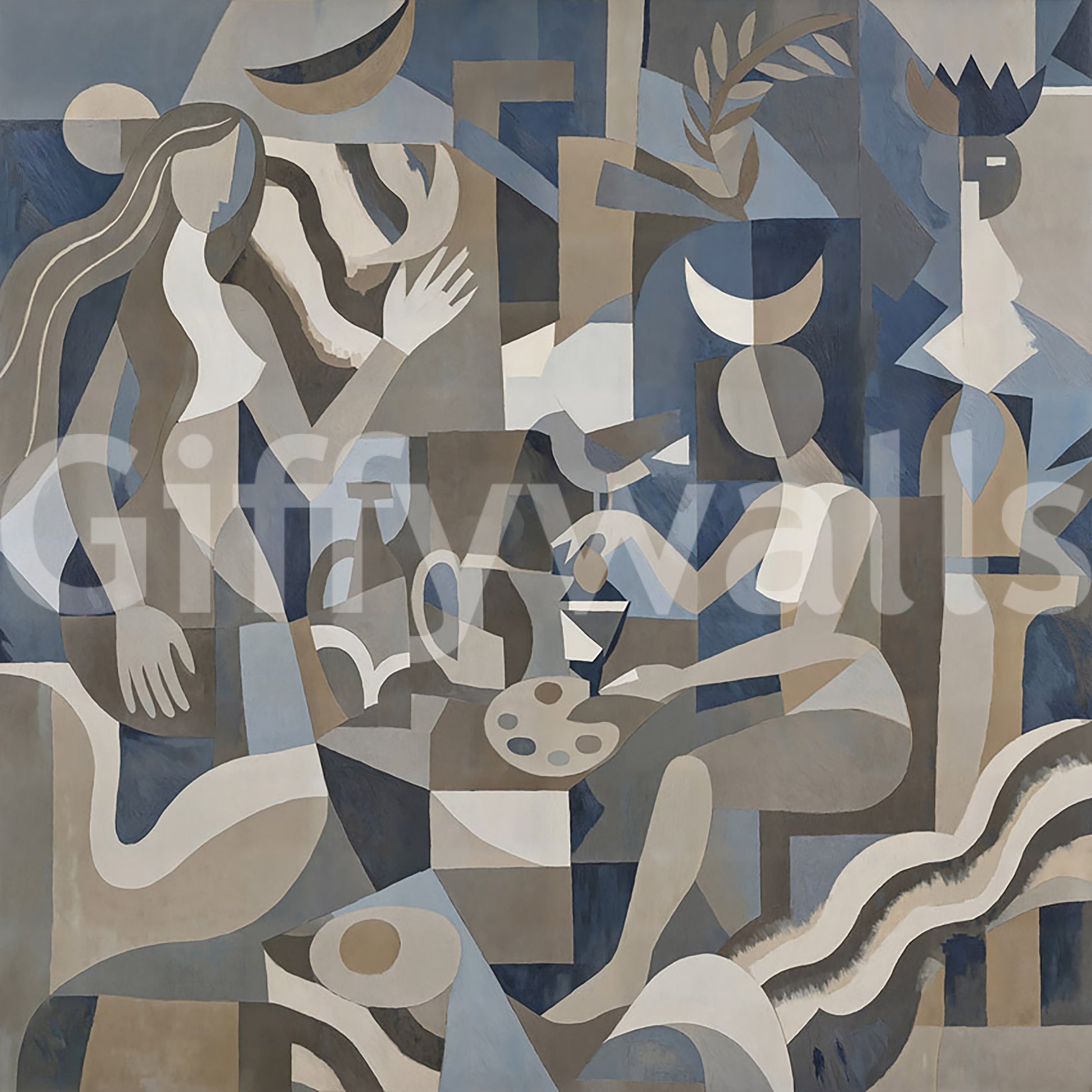 Flowing silhouettes interlock with geometric panels in the Lunar Eclipse wall mural.