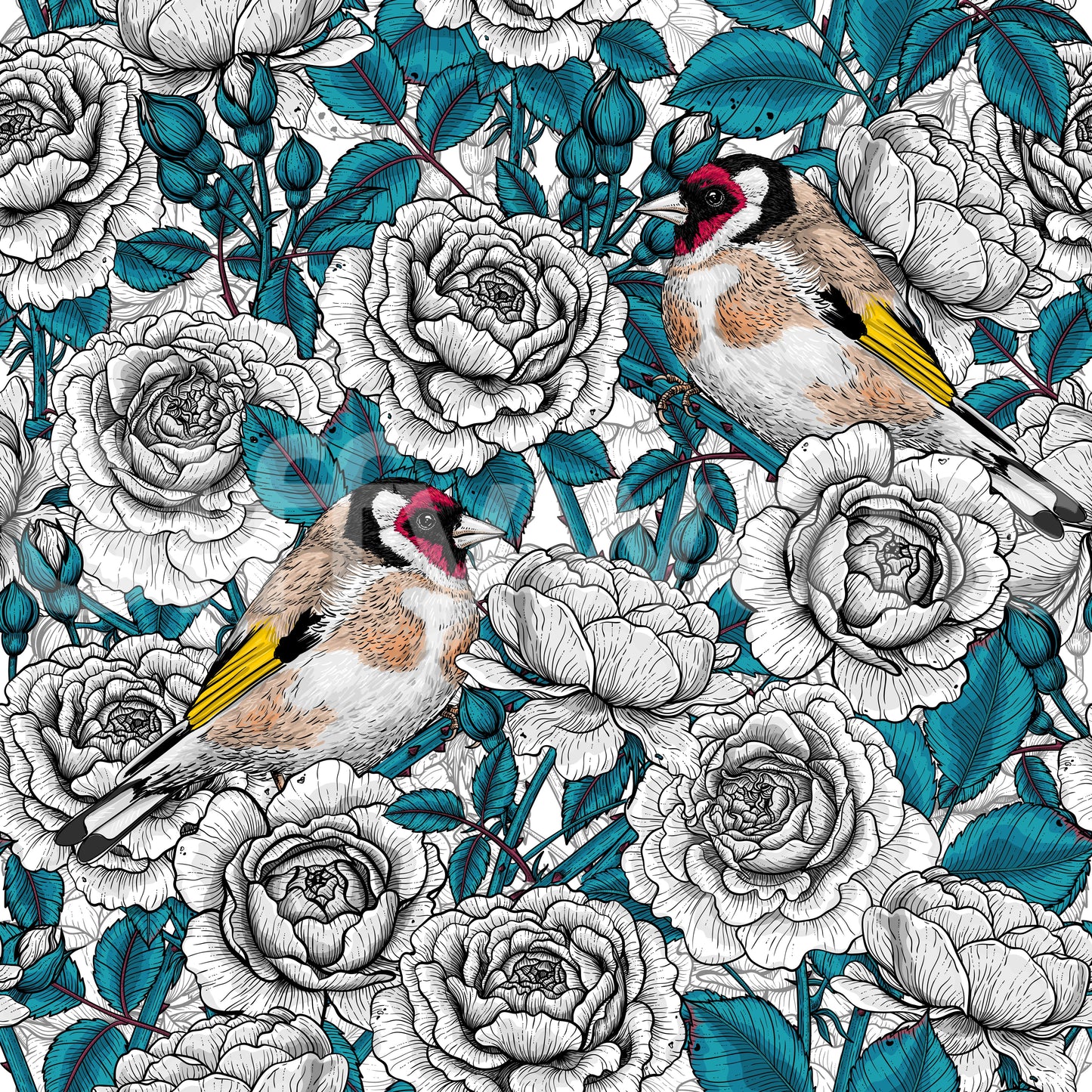 Papier peint Jardin de roses oriole et blanc et sarcelle