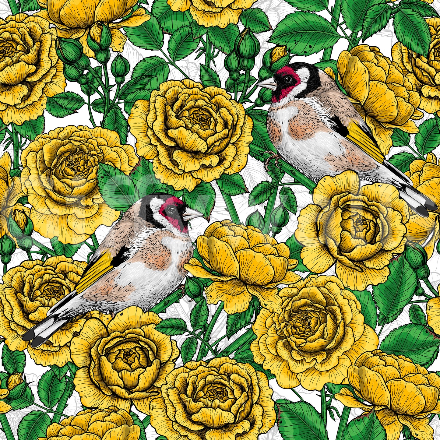Papier peint Roses dorées et chardonnerets