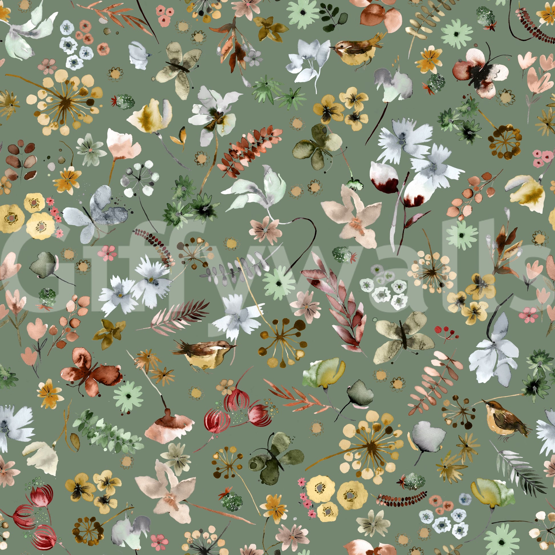 Berries and dandelions sit between watercolor wrens on this wallpaper.