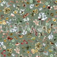 Berries and dandelions sit between watercolor wrens on this wallpaper.