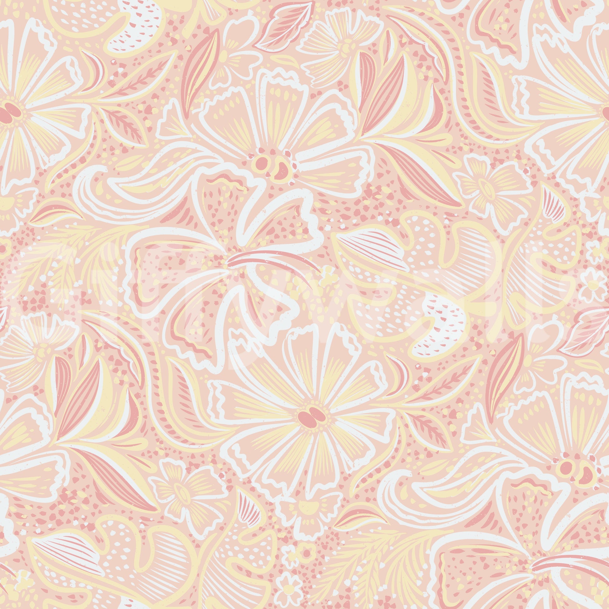 Pastel floral wallpaper featuring Peachy Whimsy blooms and flowing leaf forms