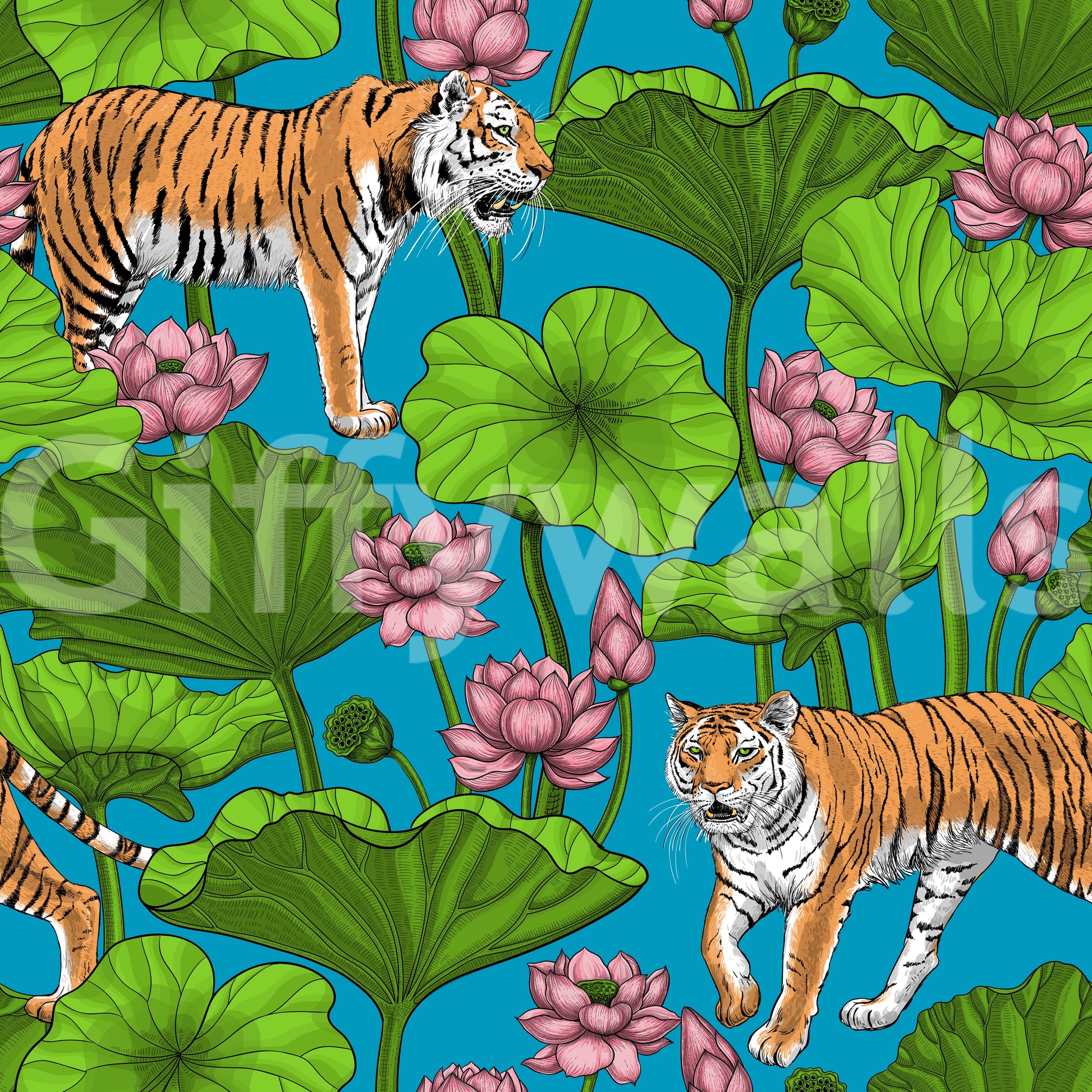 Tigers wallpaper with pink lotus flowers and detailed pond-inspired foliage