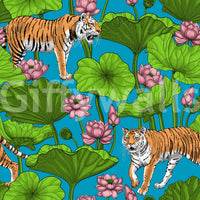 Tigers wallpaper with pink lotus flowers and detailed pond-inspired foliage