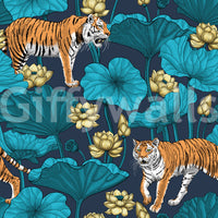 Wildlife lotus wallpaper showing tigers, blue pond leaves, and pale blooms