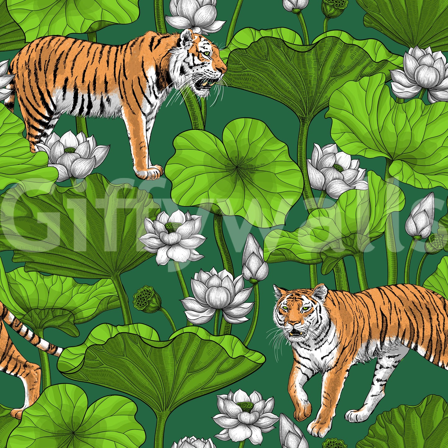 White lotus wallpaper with tiger motifs and lush green botanical movement