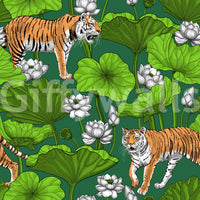 White lotus wallpaper with tiger motifs and lush green botanical movement
