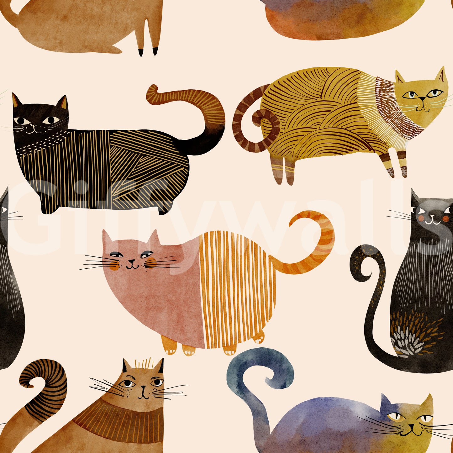 Club cat wallpaper design with rounded bodies, curled tails, and gentle spacing