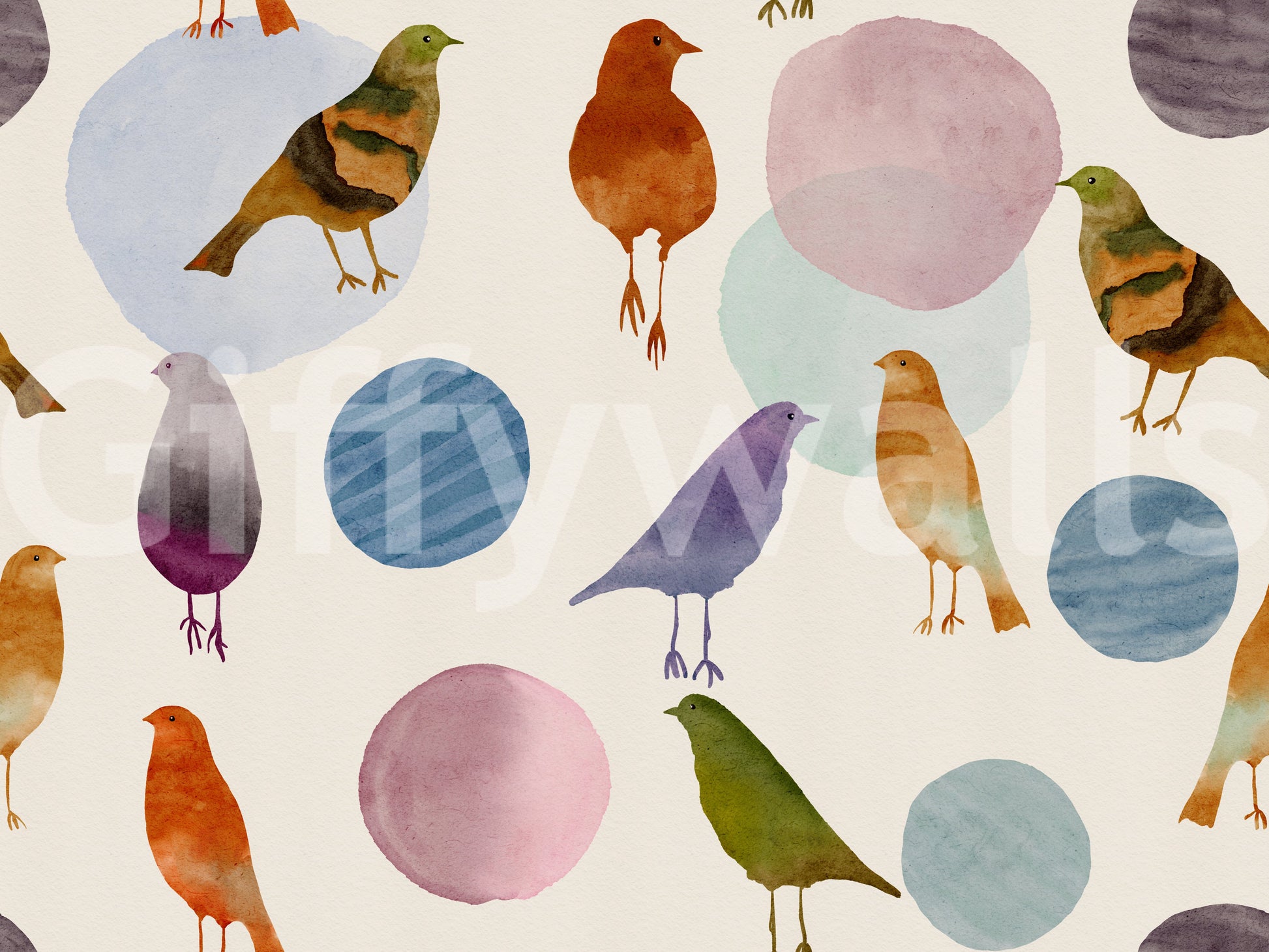 Soft pastel wallpaper with muted birds, circular blobs, and airy spacing