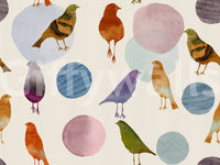 Soft pastel wallpaper with muted birds, circular blobs, and airy spacing