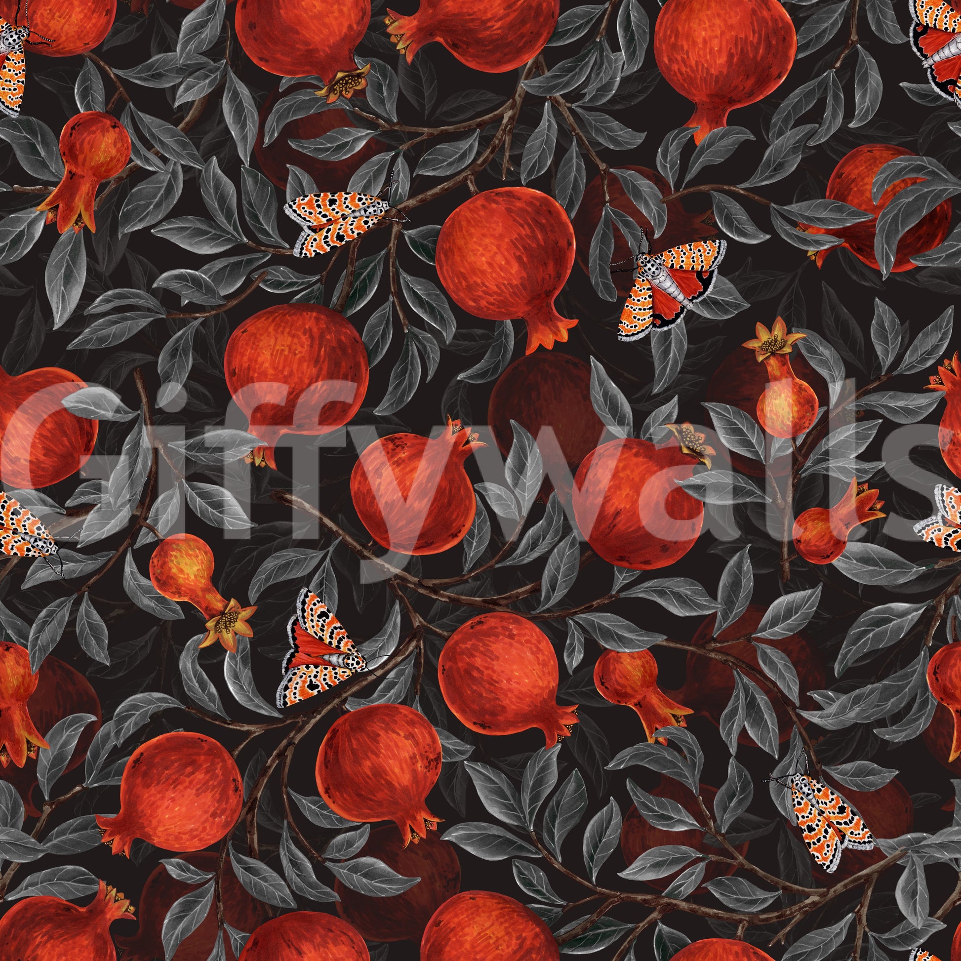Charcoal leaves crowd around fruit and moths in this Crimson Pomegranates wallpaper.