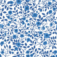 Dense rose clusters dot a wide field in Wild Roses Blue and White wallpaper.