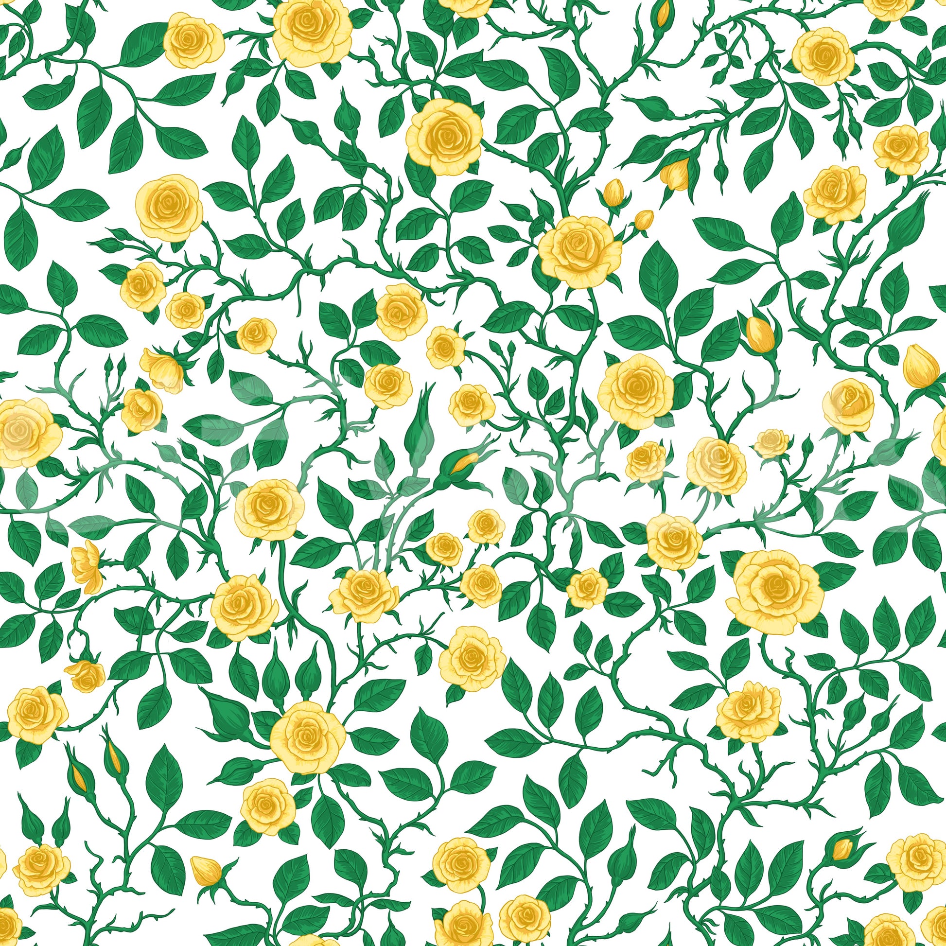 White ground sits behind the Golden Bloom Rose Trellis Wallpaper motif.
