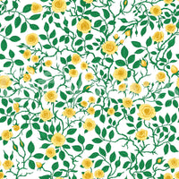 White ground sits behind the Golden Bloom Rose Trellis Wallpaper motif.