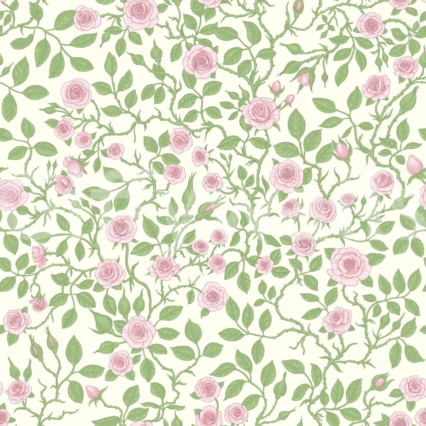 Sprays of rosebuds and trailing tendrils share the surface of this briar-rose wallpaper.