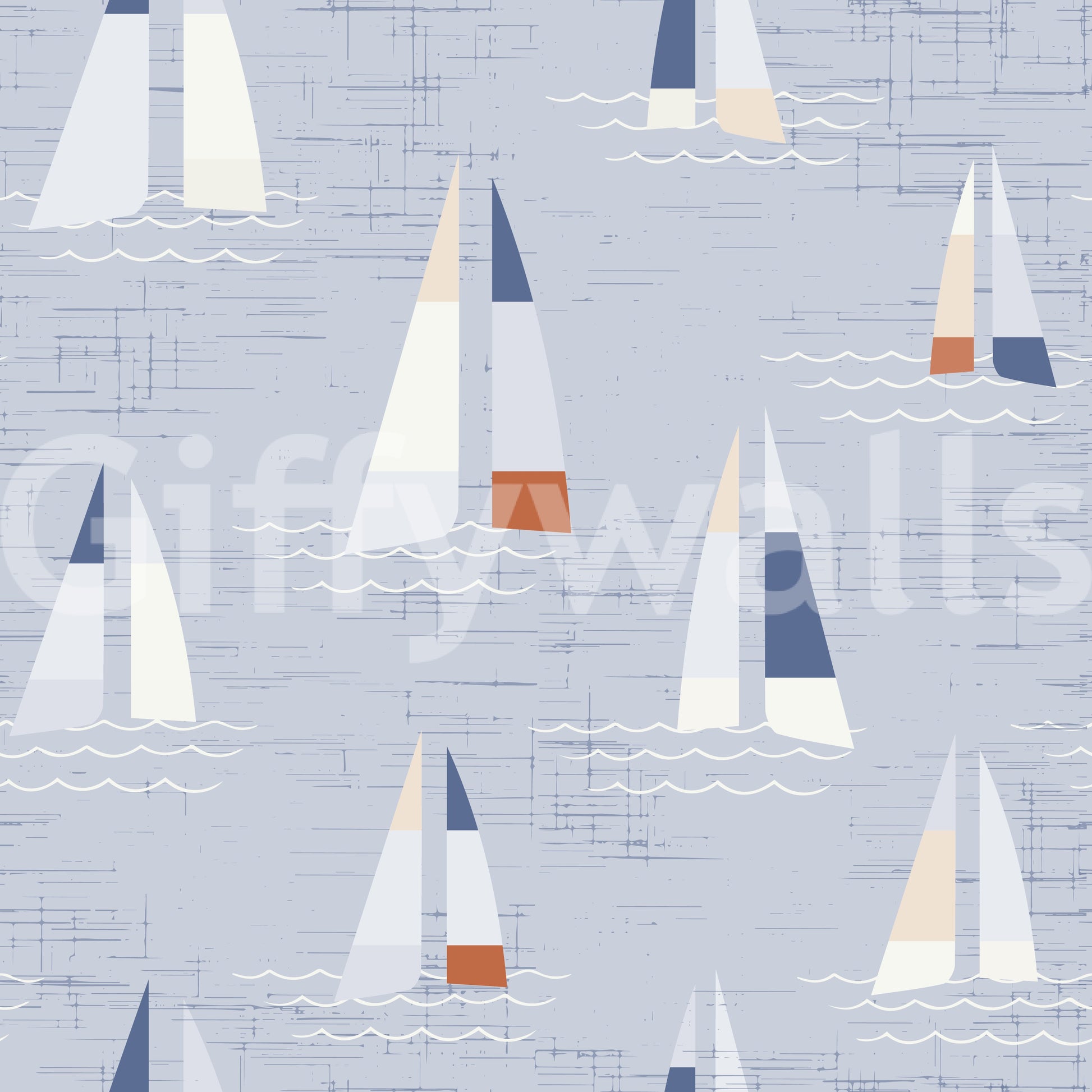 Cool muted greys hold drifting boats on the Mid Century Sailboats wall mural.