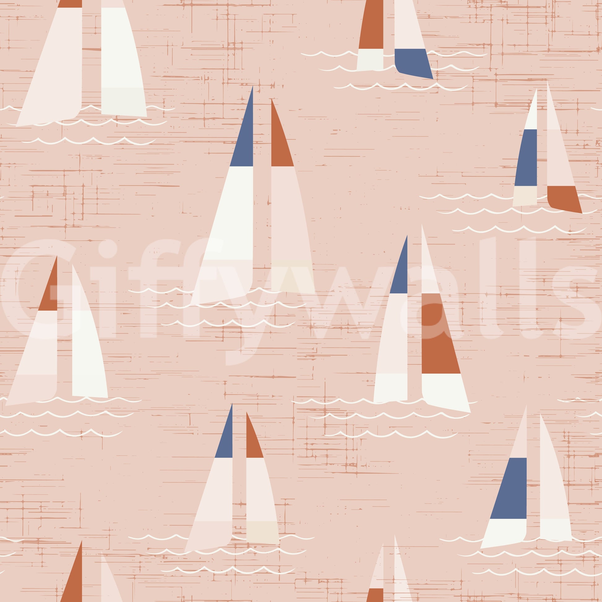 Triangular sails mix mid century styling with breezy coastal mood on the wall mural.