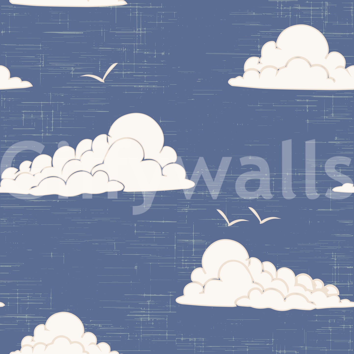 Daytime sky scene with drifting birds on a dusty blue wall mural