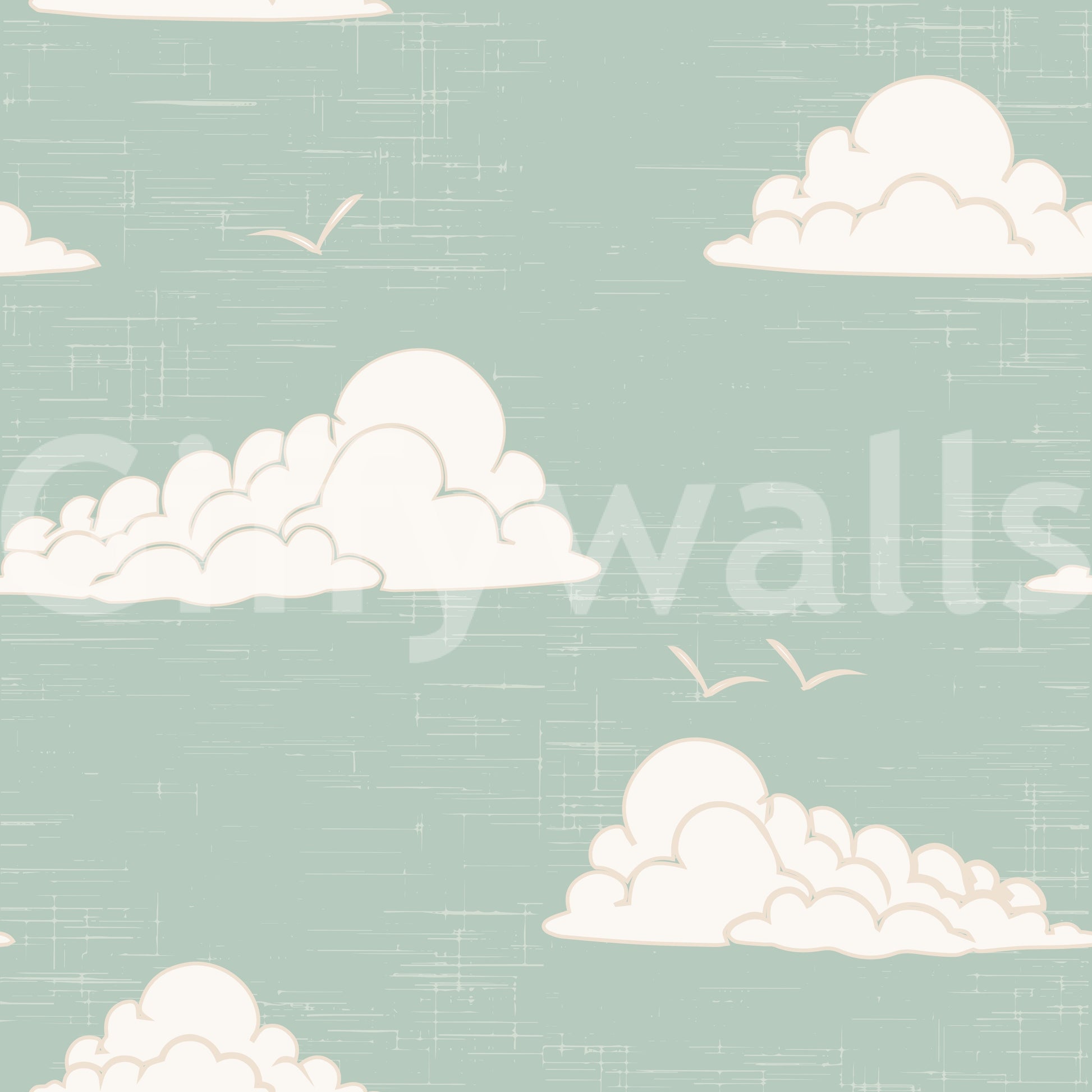 Calm daydream mood holds steady in the Mid Century Cloud Sky wall mural.