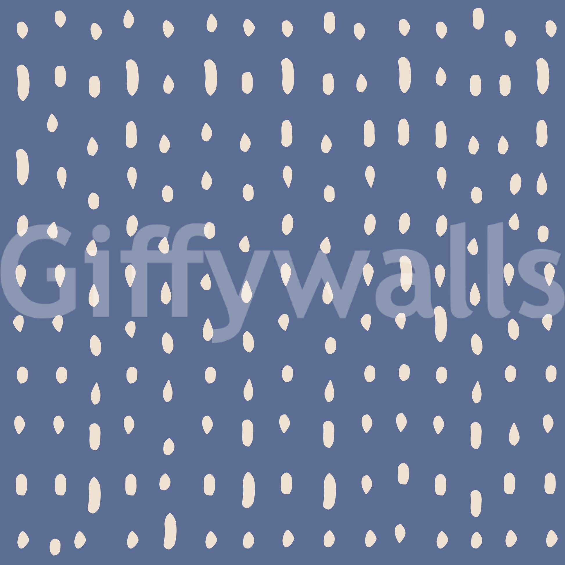 Seed-like droplets and ovals dance through a mid-century wall mural in dusty blue.