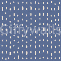 Seed-like droplets and ovals dance through a mid-century wall mural in dusty blue.