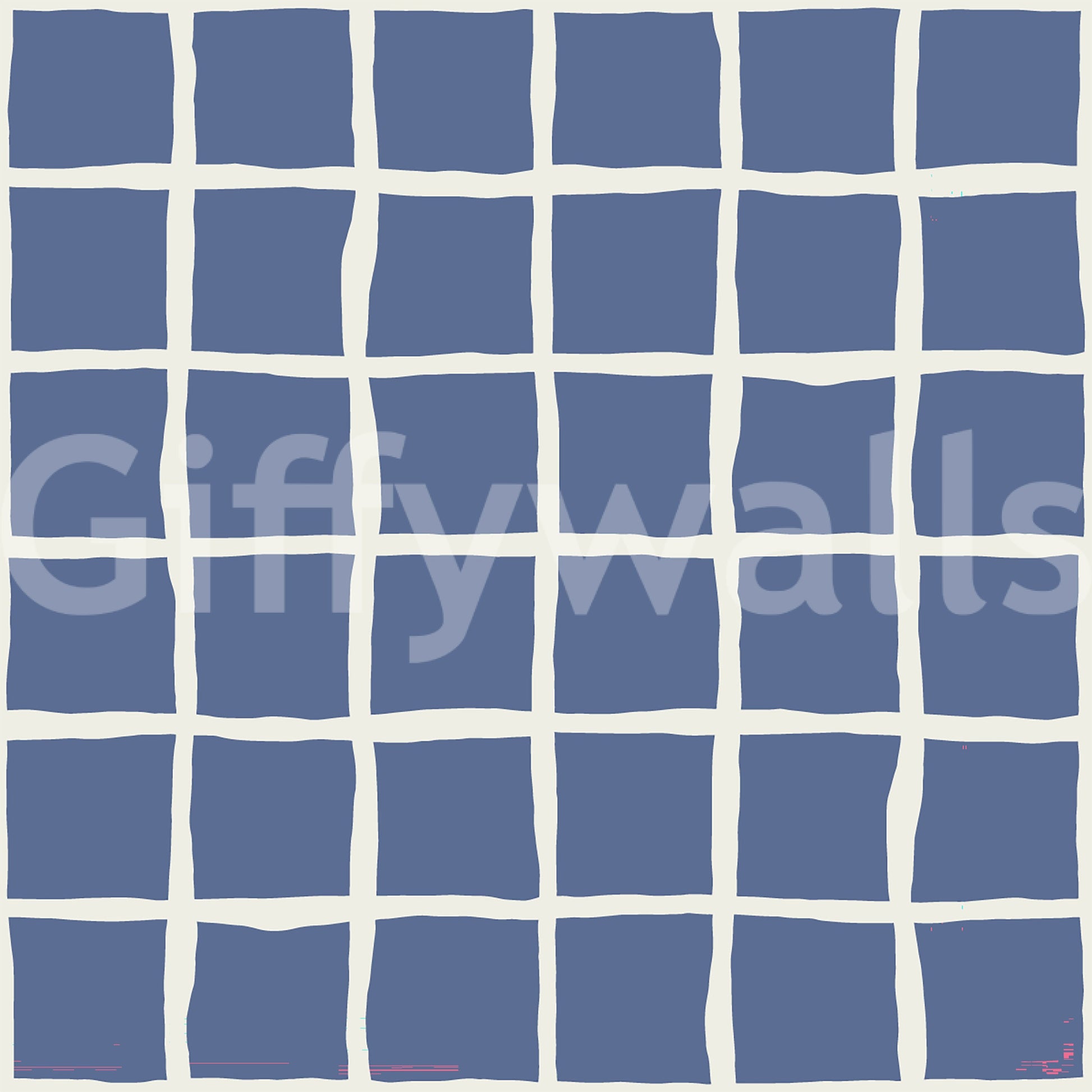 In the Mid Century Wavy Grid wallpaper, a quiet retro check sits in dusty blue and cream.