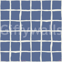 In the Mid Century Wavy Grid wallpaper, a quiet retro check sits in dusty blue and cream.