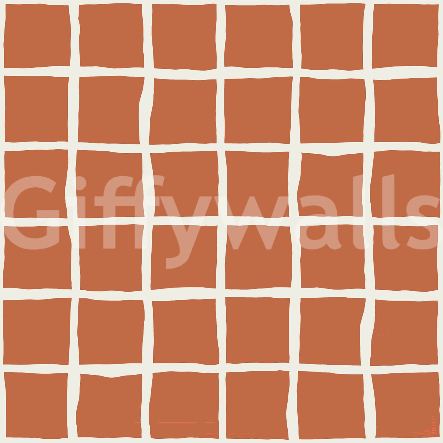 Earthy terracotta hues hold steady behind cream check lines on this wallpaper.