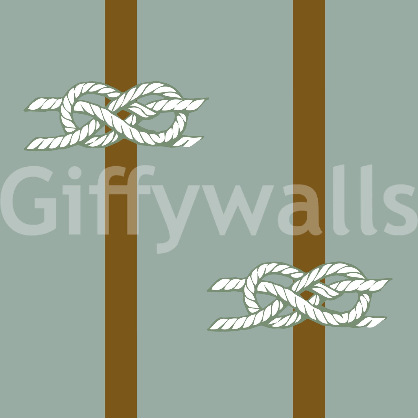Repeated knot pairs alternate position along brown stripes on this Sage Green wallpaper.